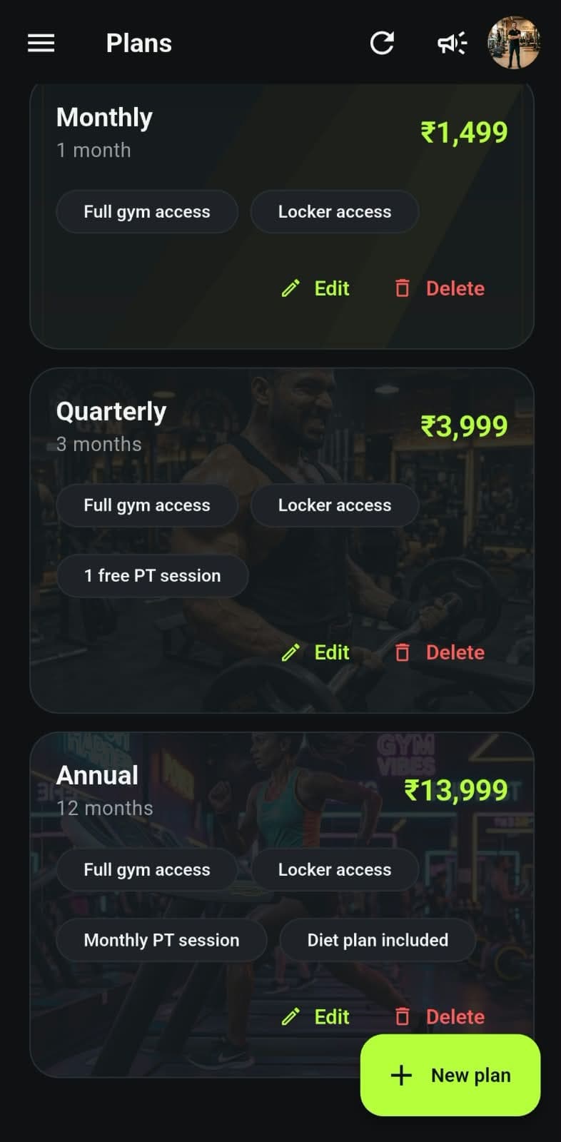 My Gym admin membership plans screen