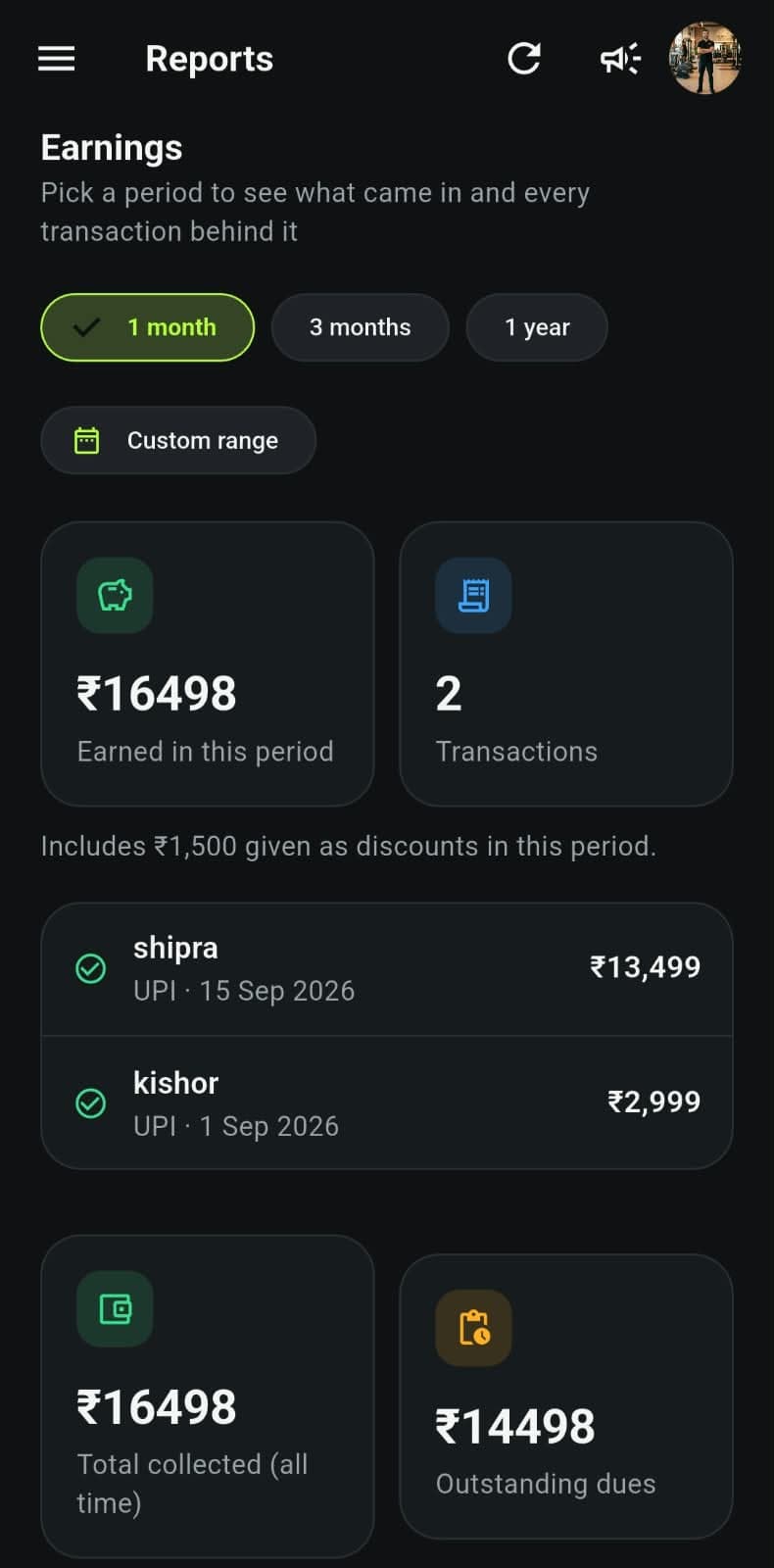 My Gym admin dashboard showing earnings and reports