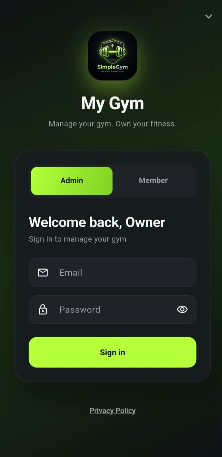 My Gym sign-in screen
