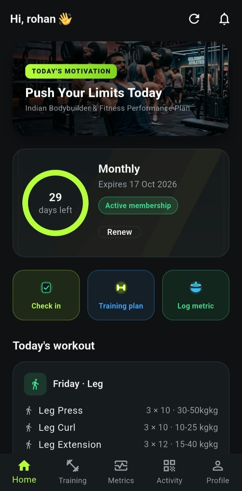 My Gym member home screen showing membership status and today's workout