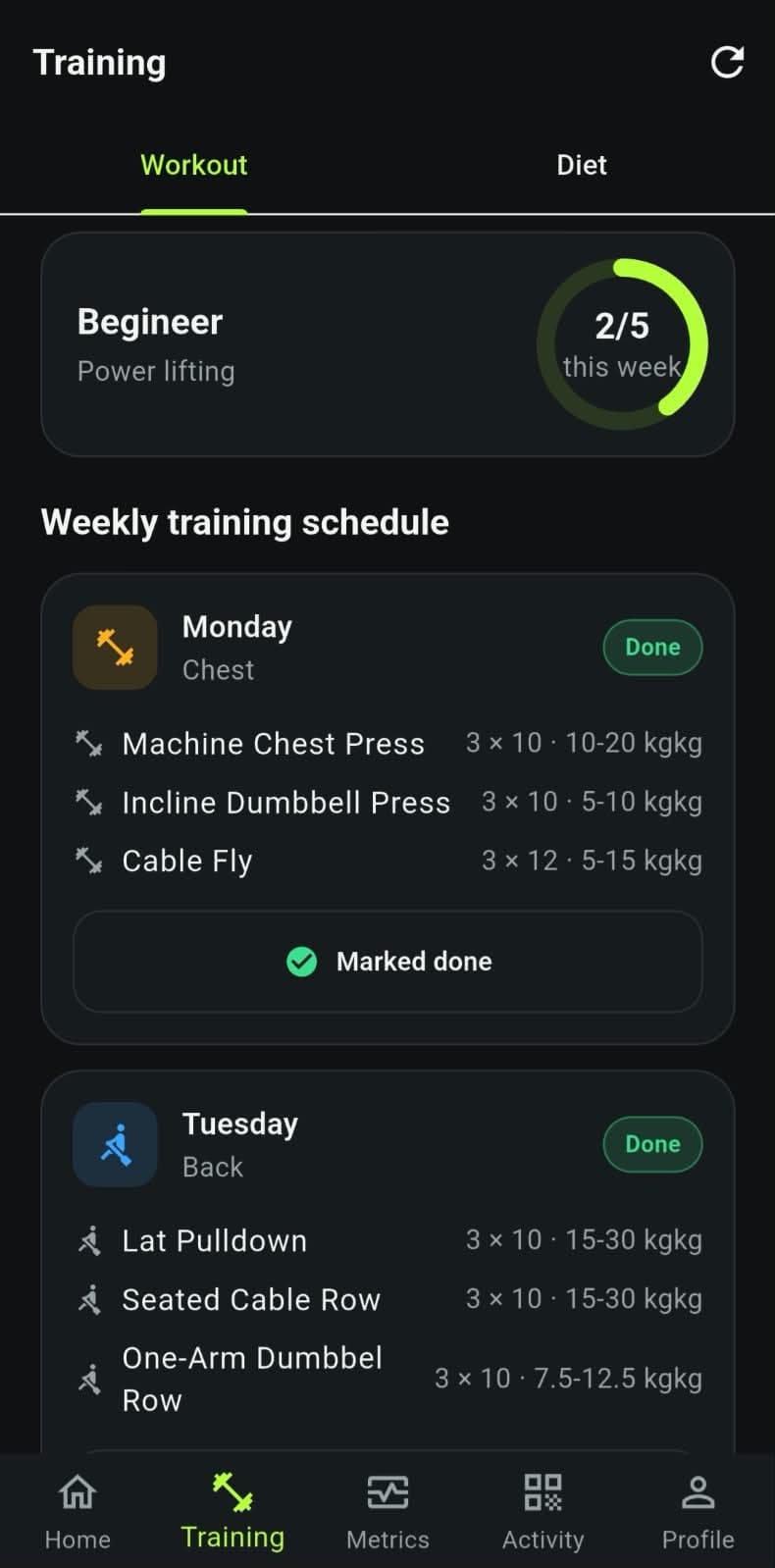 My Gym member training schedule screen
